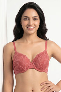 Zivame Bare Whispers Padded Wired Medium Coverage Plunge Neck Lace Bra - Dusty Cedar — thumbnail 1